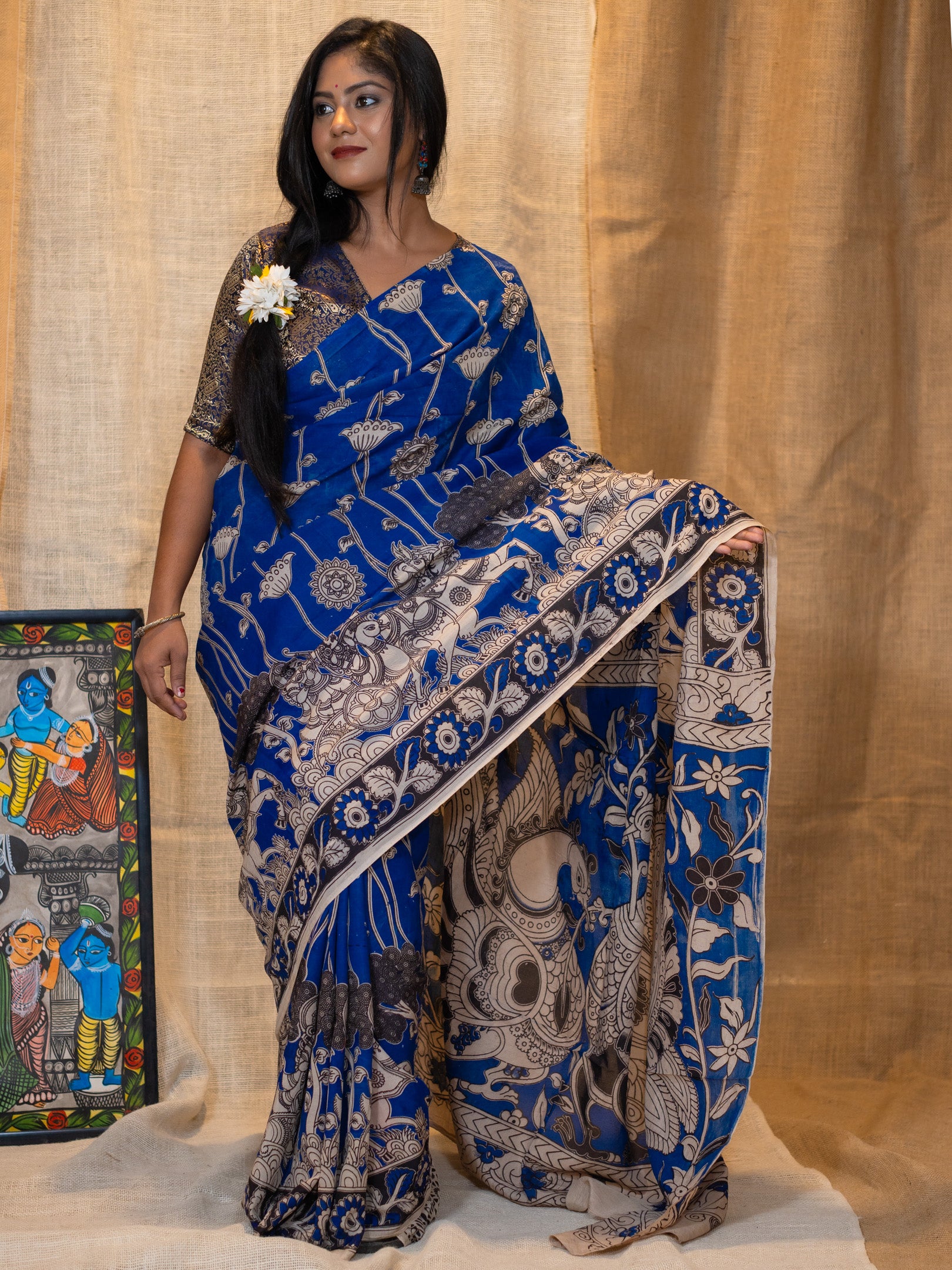 Nila kalamkari Silk Saree