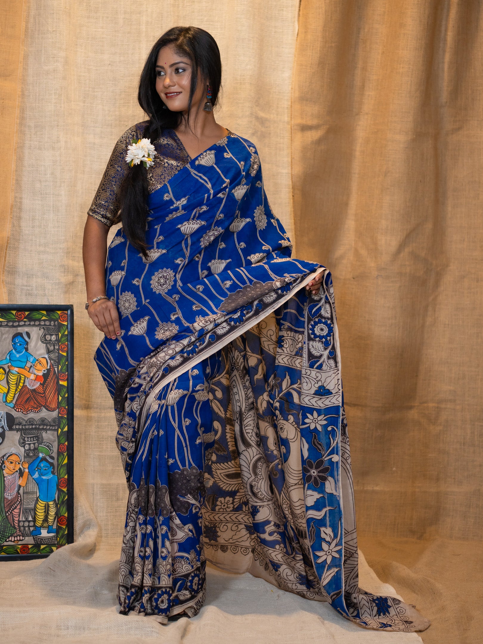 Nila kalamkari Silk Saree