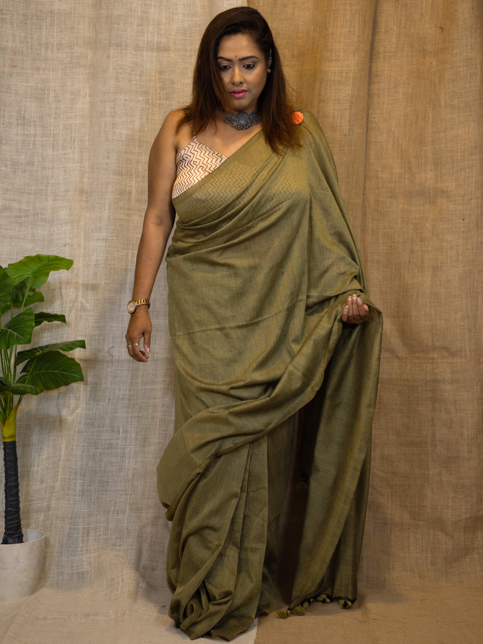 Khaki Linen Veil Cotton Saree
