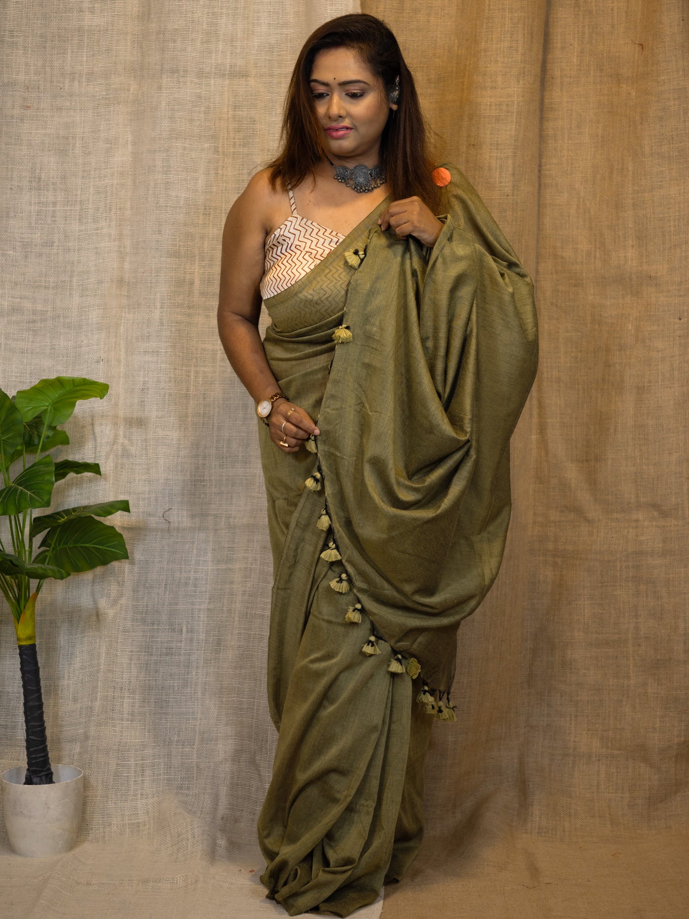 Khaki Linen Veil Cotton Saree