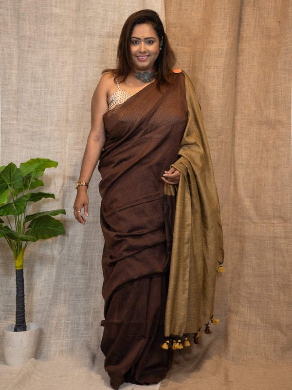 Bistre Brown Luxe Cotton Linen Saree