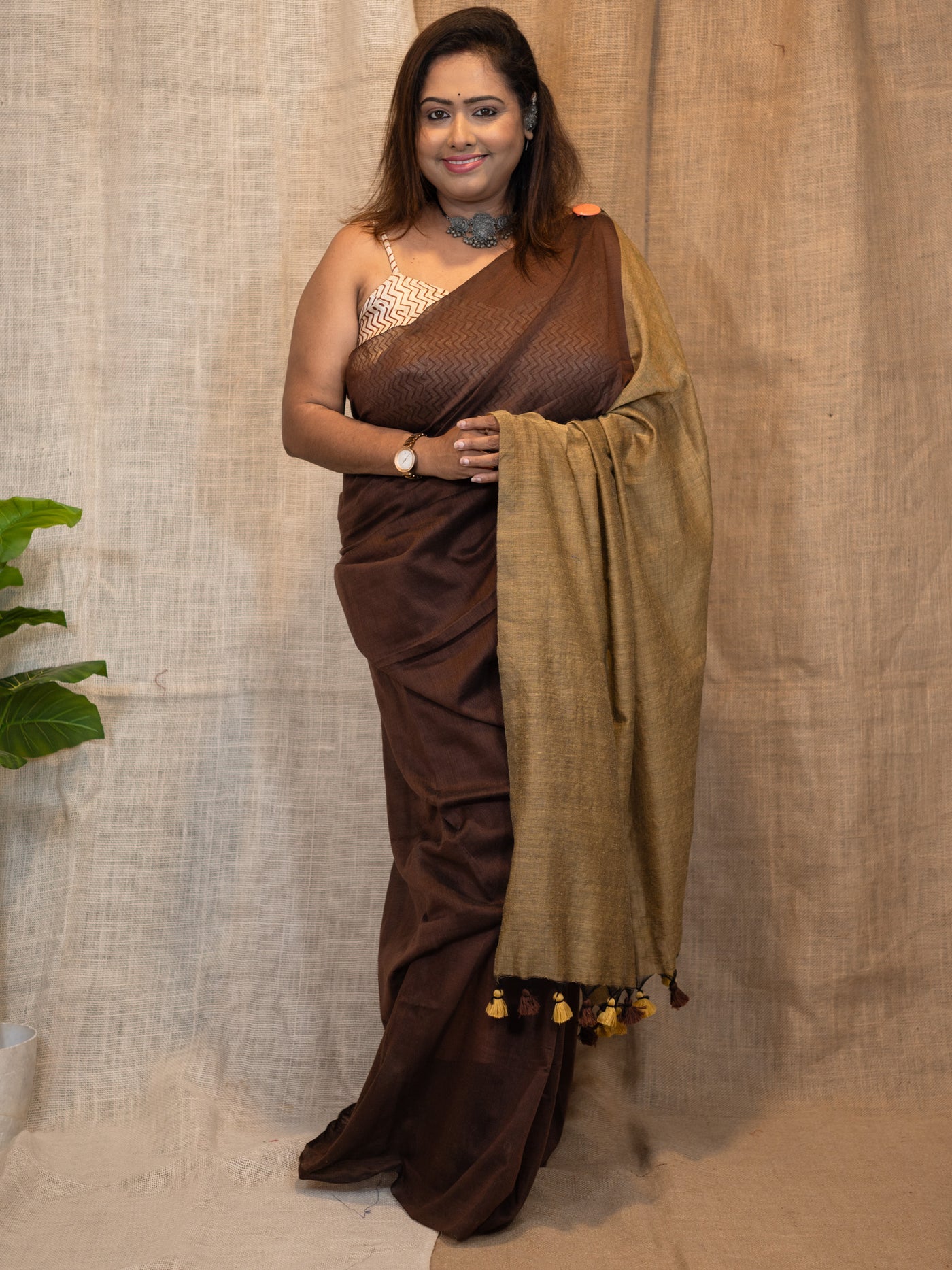 Bistre Brown Luxe Cotton Linen Saree