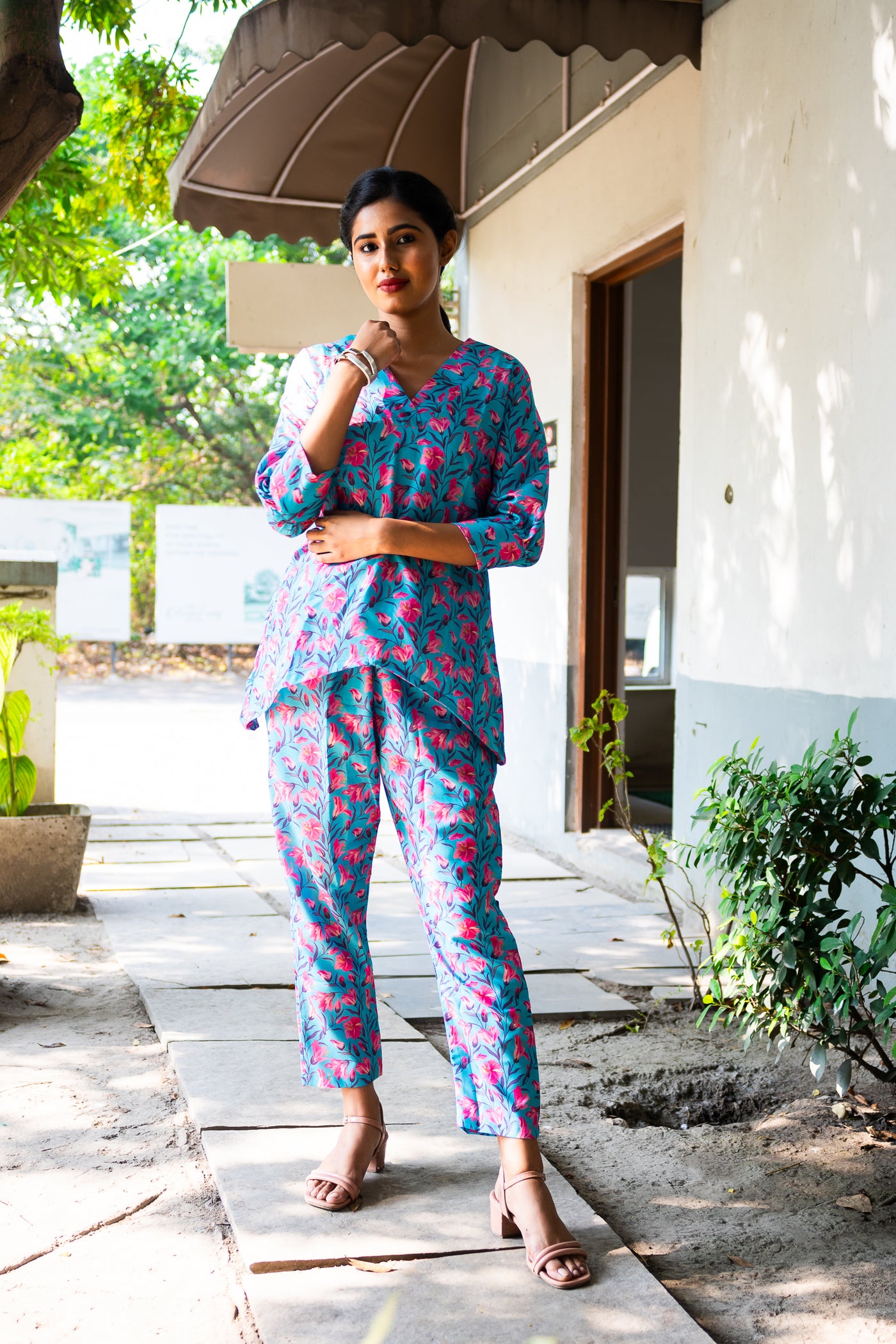 Blue Tapche Floral Work Cotton co ord set - Uttariya