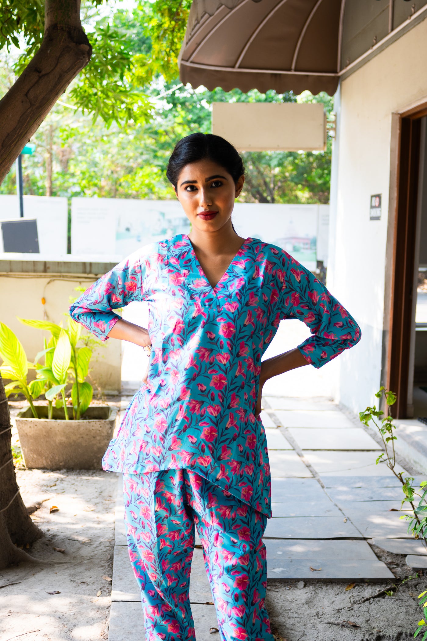 Blue Tapche Floral Work Cotton co ord set - Uttariya