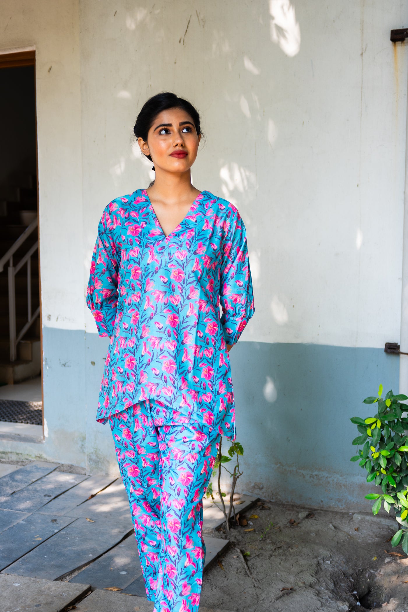 Blue Tapche Floral Work Cotton co ord set - Uttariya