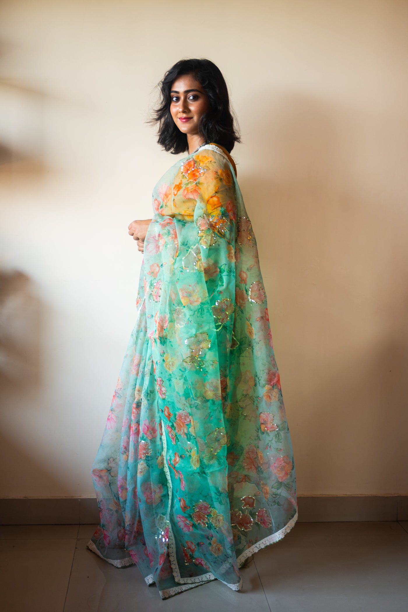 Green Zardosi silk saree - Uttariya