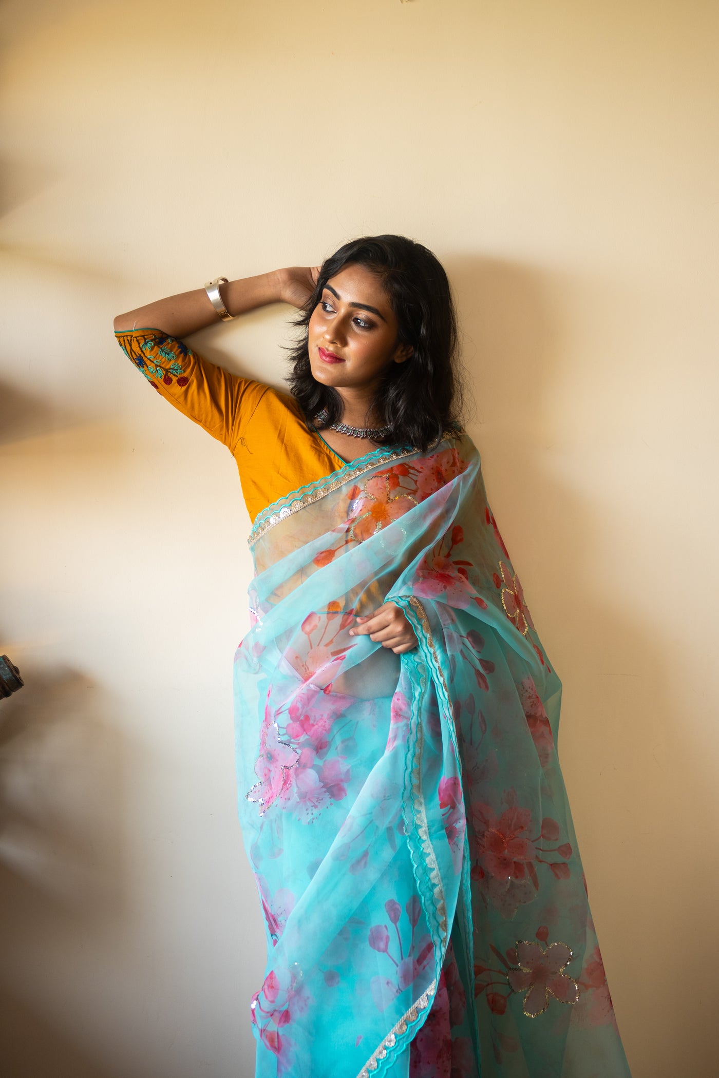 Sea green organza silk saree - Uttariya