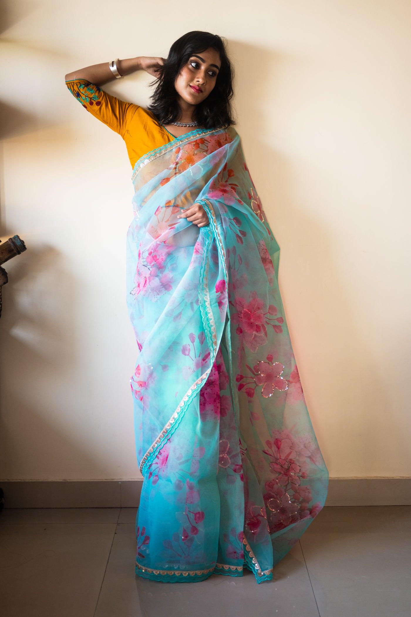 Sea green organza silk saree - Uttariya