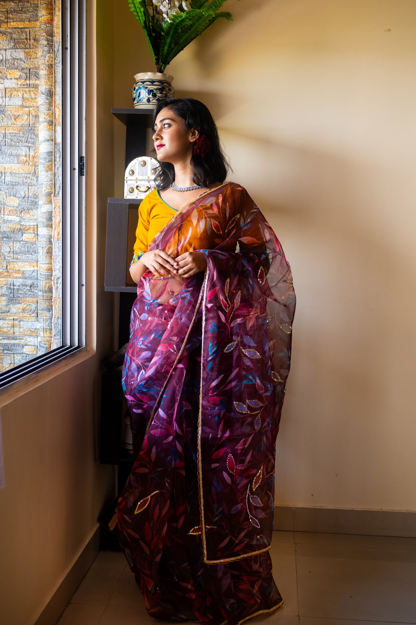 Wine organza Zardosi saree - Uttariya