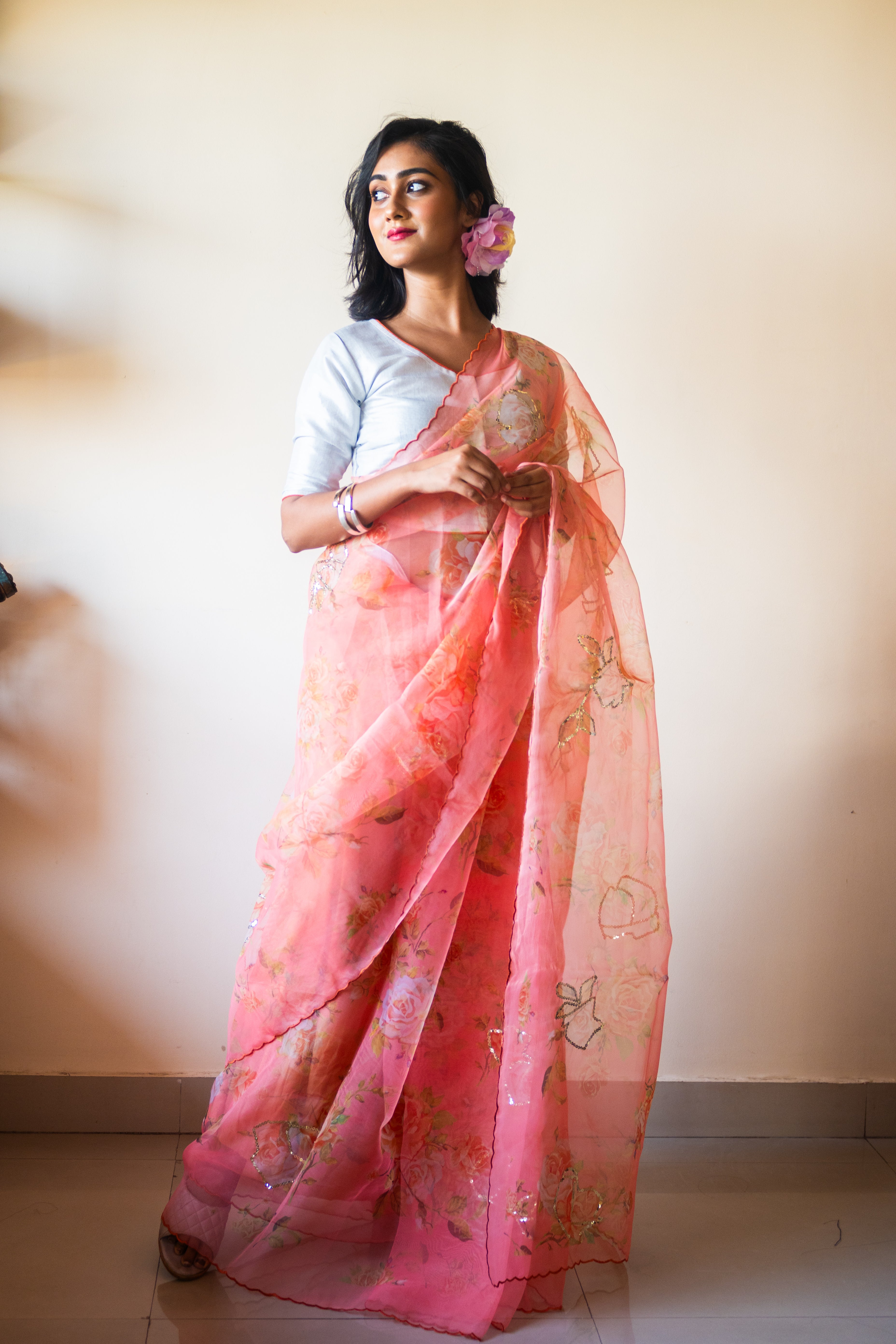 Buy Embroidered Tomato Pink Organza Saree | Redpine Designs