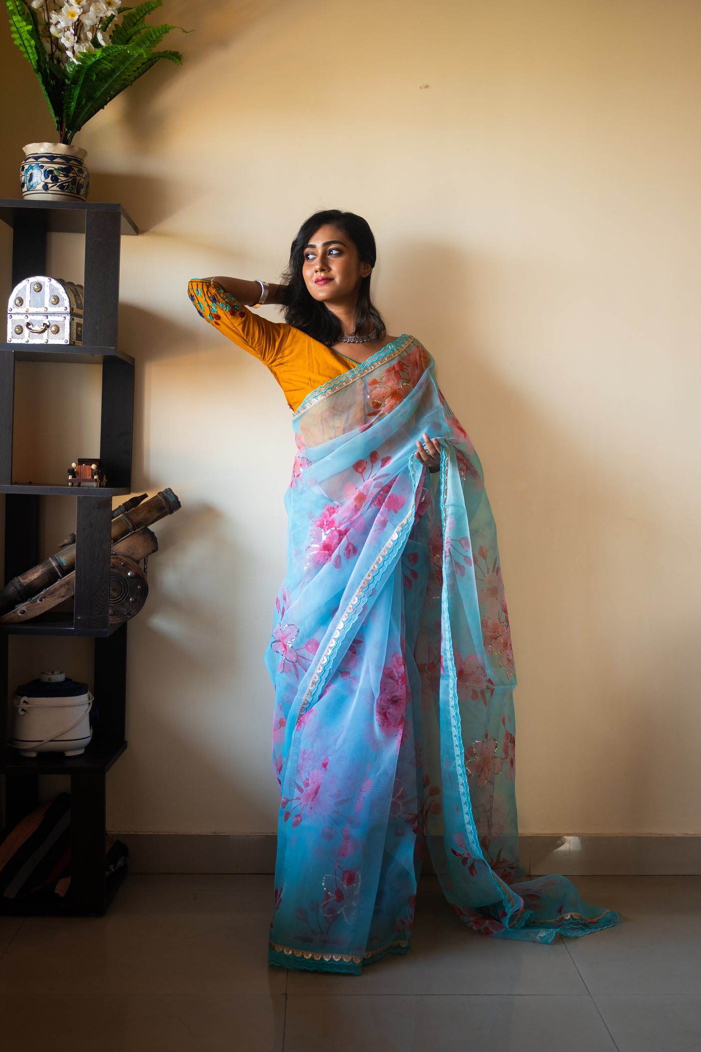 Sea green organza silk saree - Uttariya