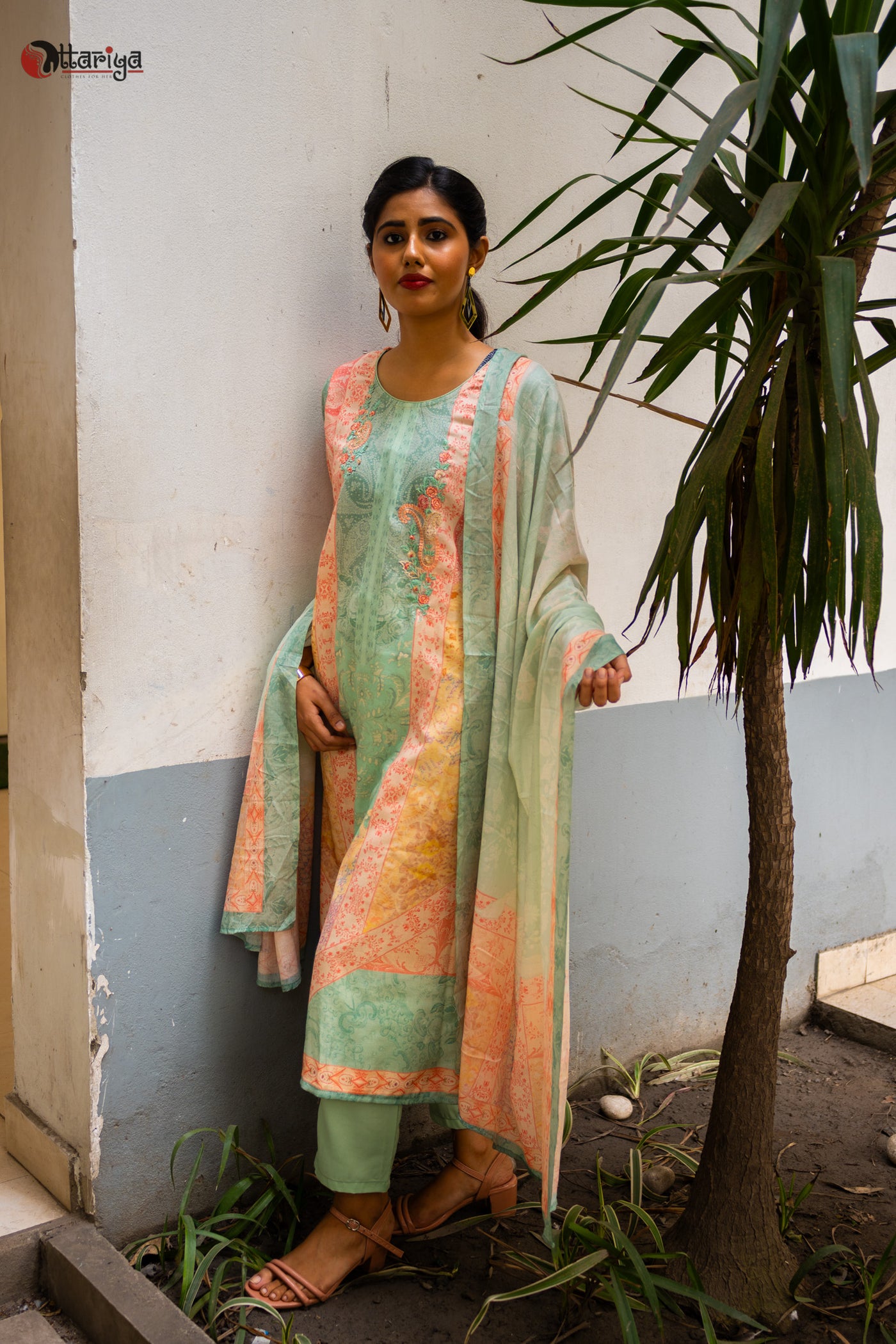 Sea Green Pashmina Cotton Suit Set - Uttariya