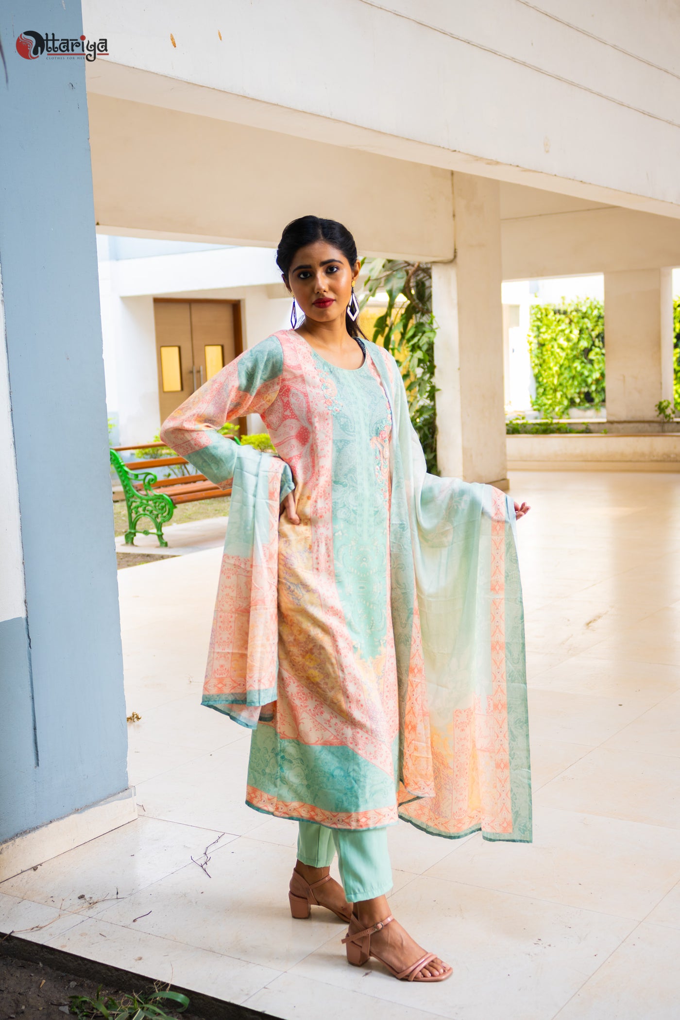 Sea Green Pashmina Cotton Suit Set - Uttariya