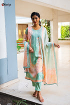 Sea Green Pashmina Cotton Suit Set - Uttariya