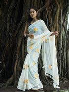 White Handloom Cotton Saree with Floral Embroidery - Uttariya