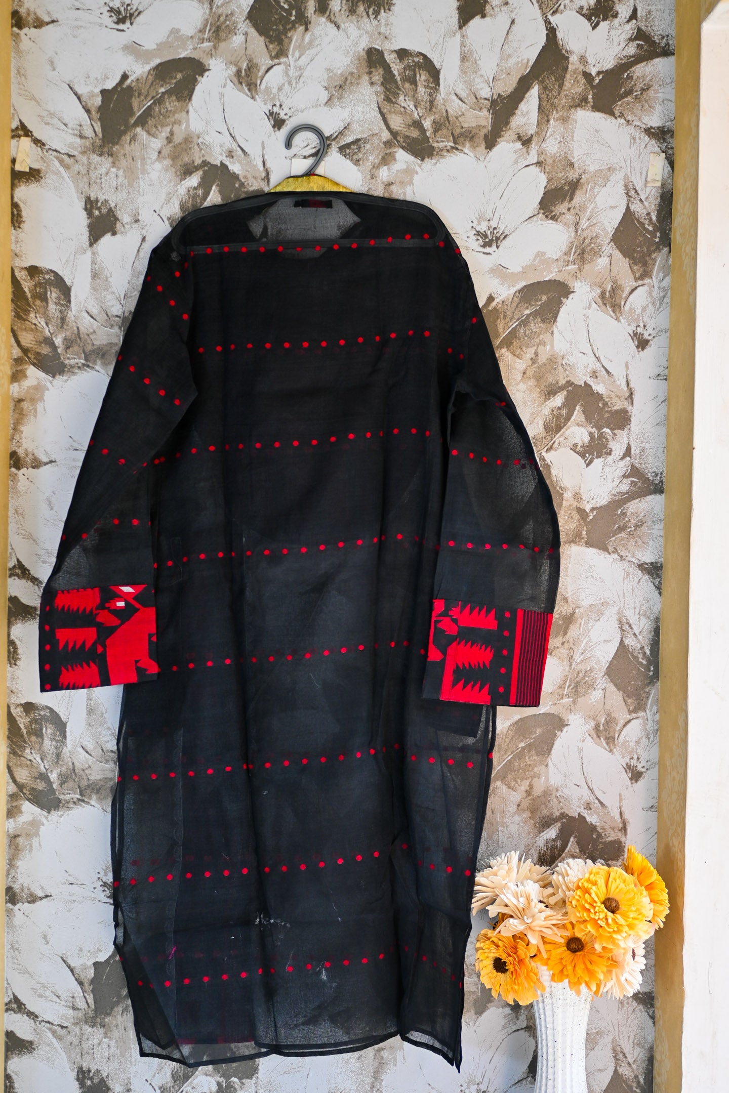 Jamdani long Kurta red black