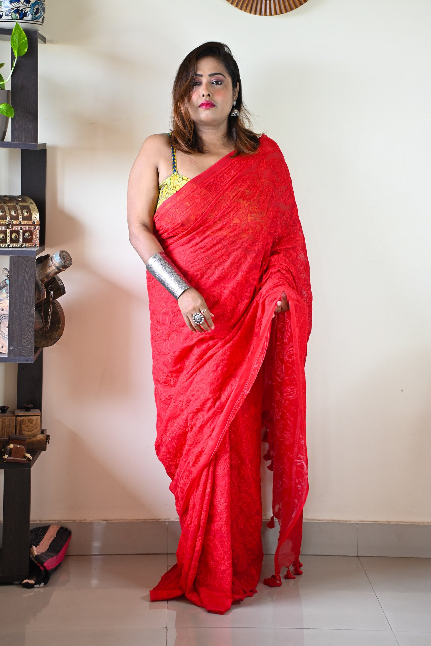 Red Chikan Saree
