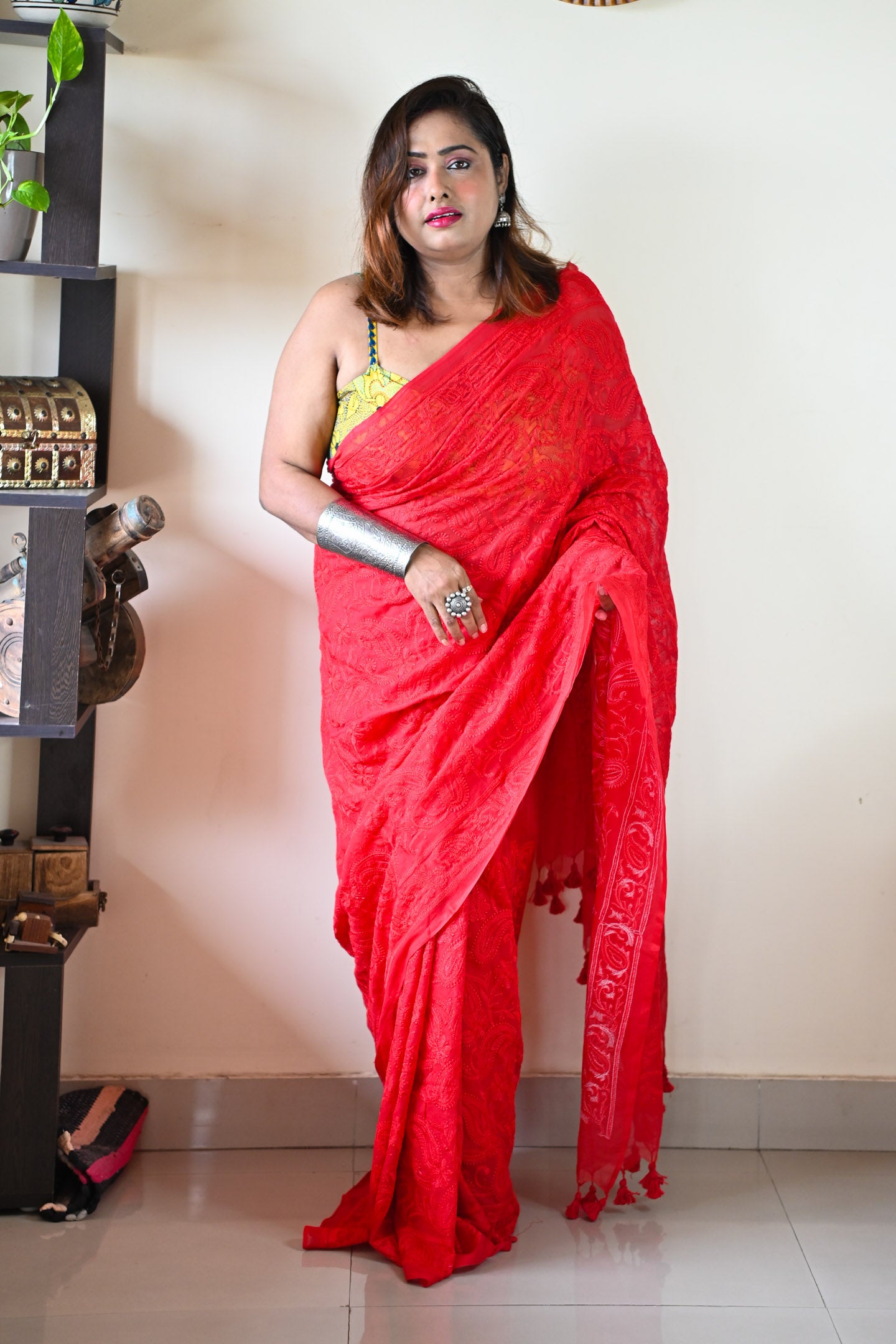 Red Chikan Saree
