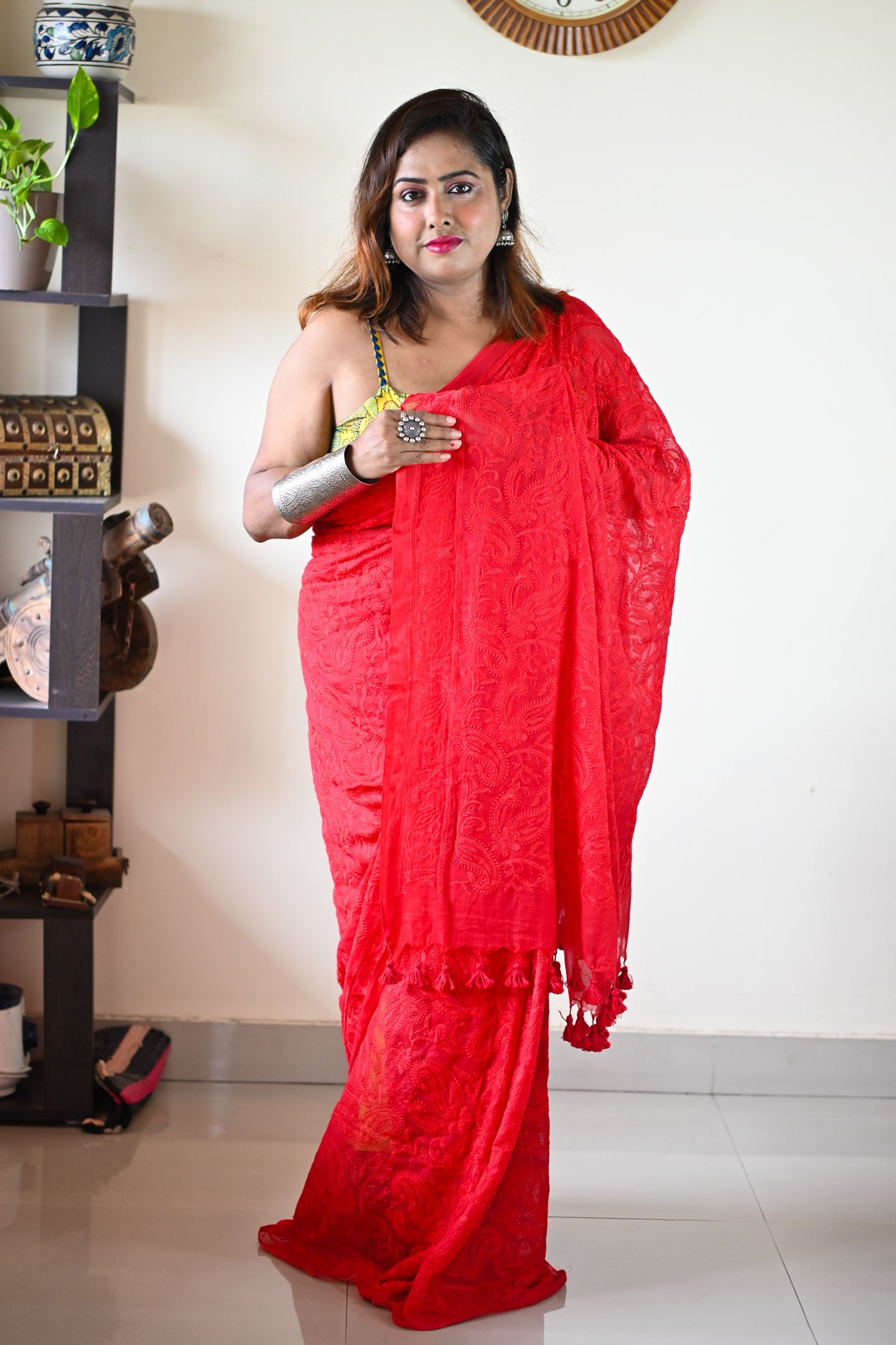 Red Chikan Saree