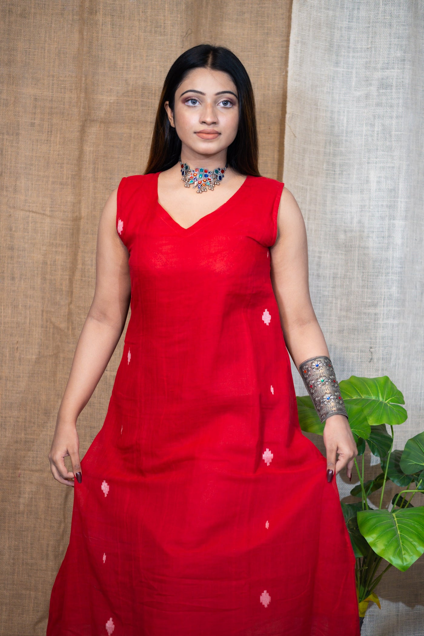 Red Jamdani Dress - Uttariya