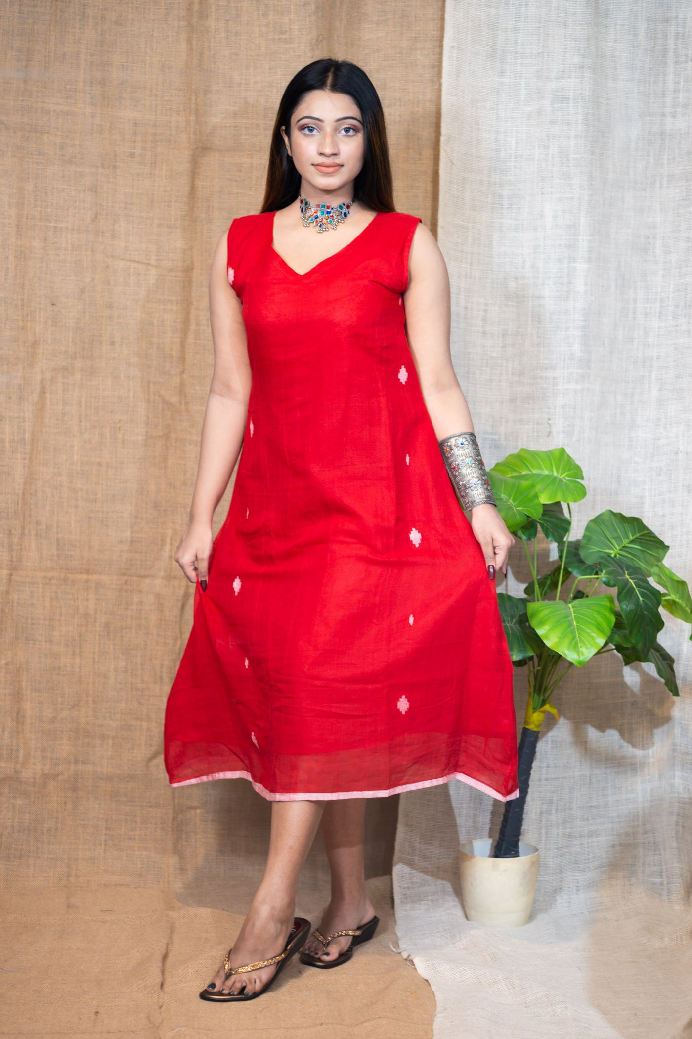 Red Jamdani Dress - Uttariya