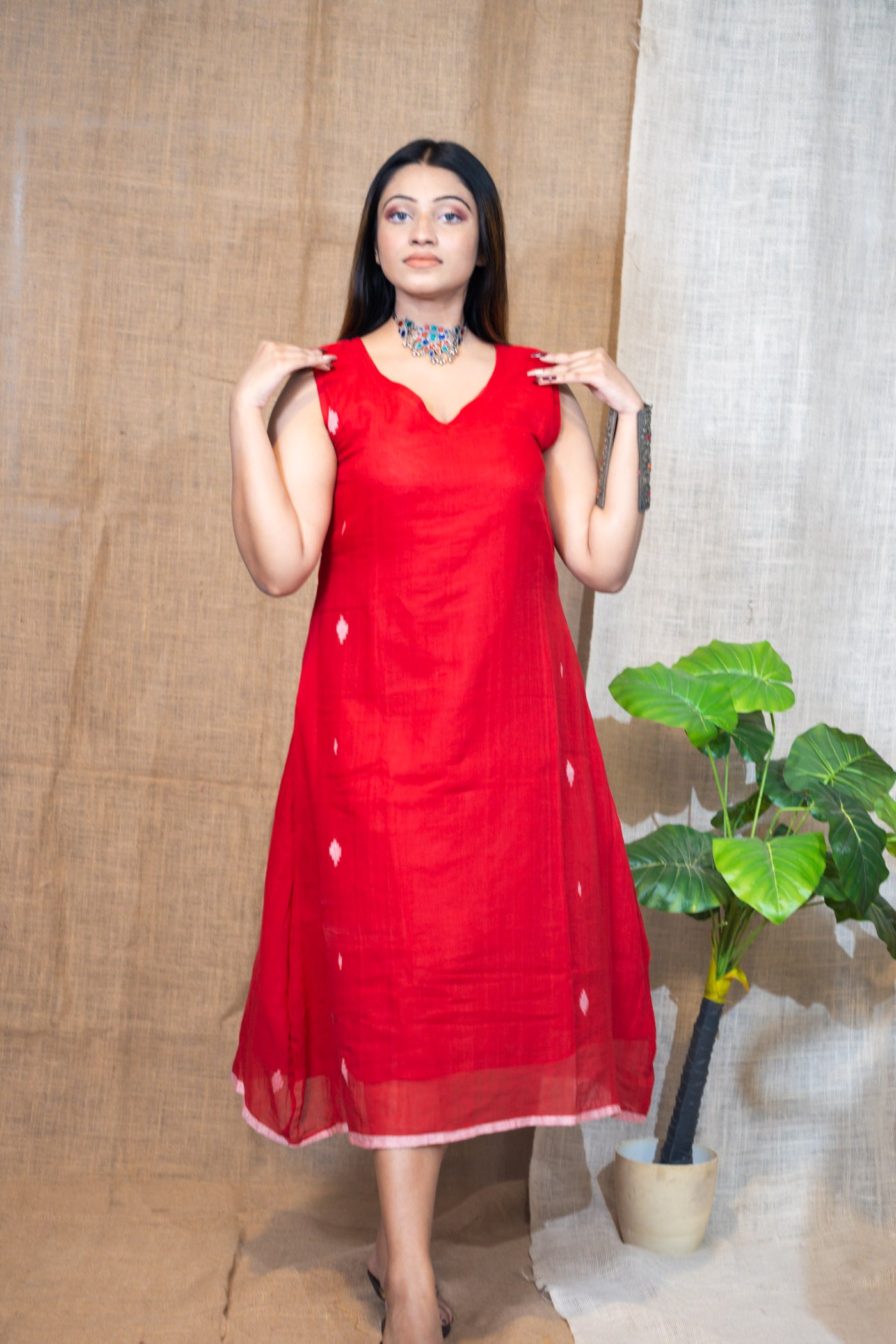 Red Jamdani Dress - Uttariya