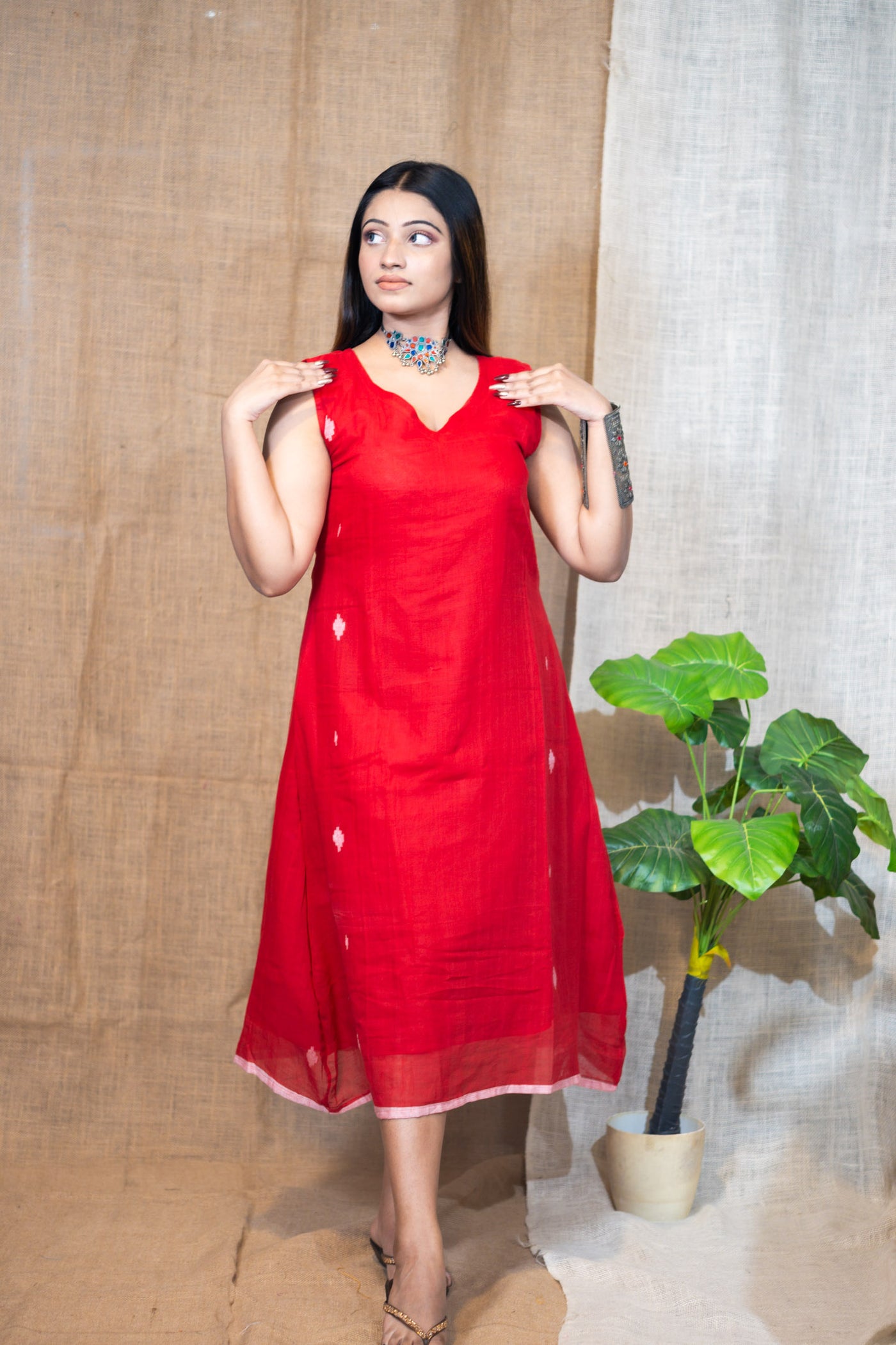 Red Jamdani Dress - Uttariya
