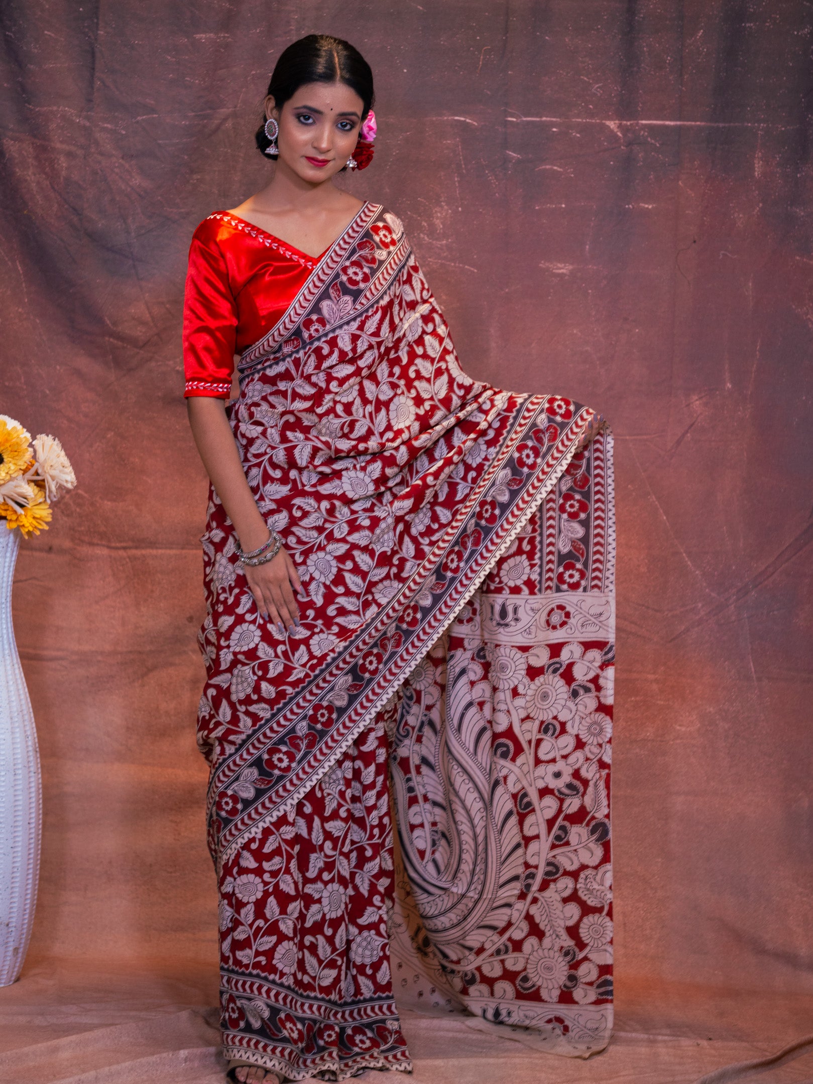 Red kalamkari silk saree