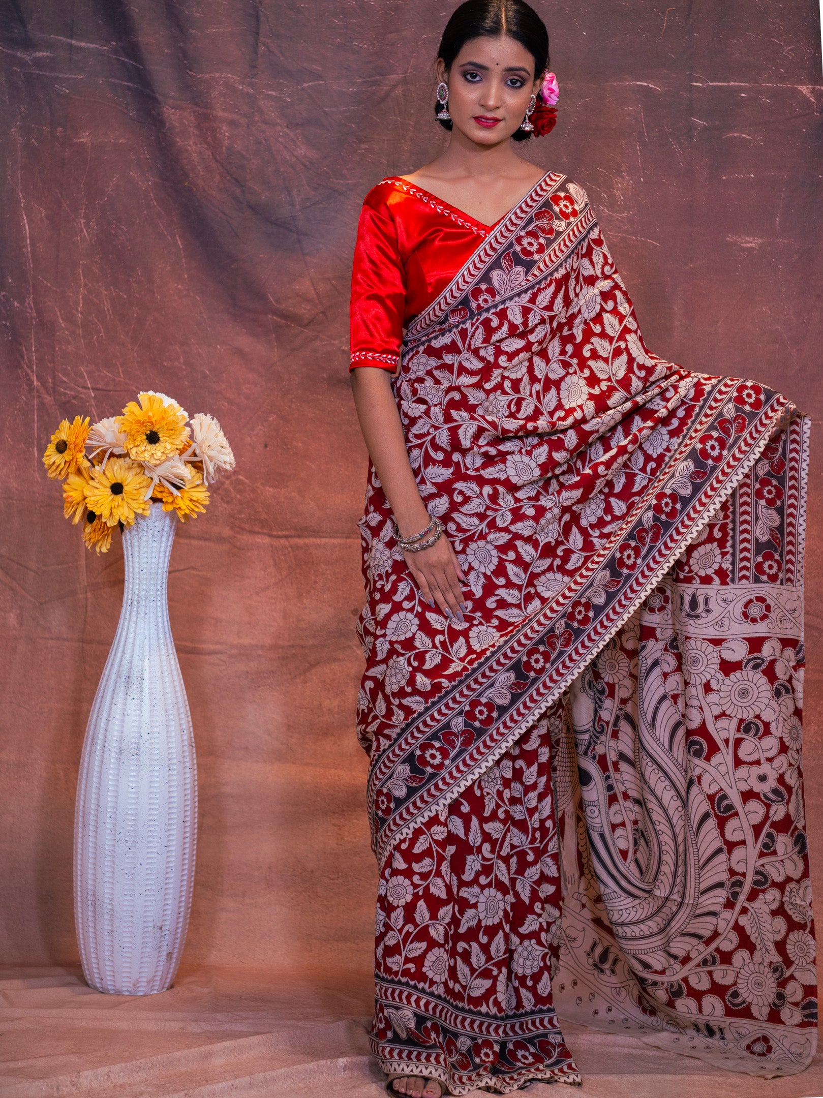 Red kalamkari silk saree