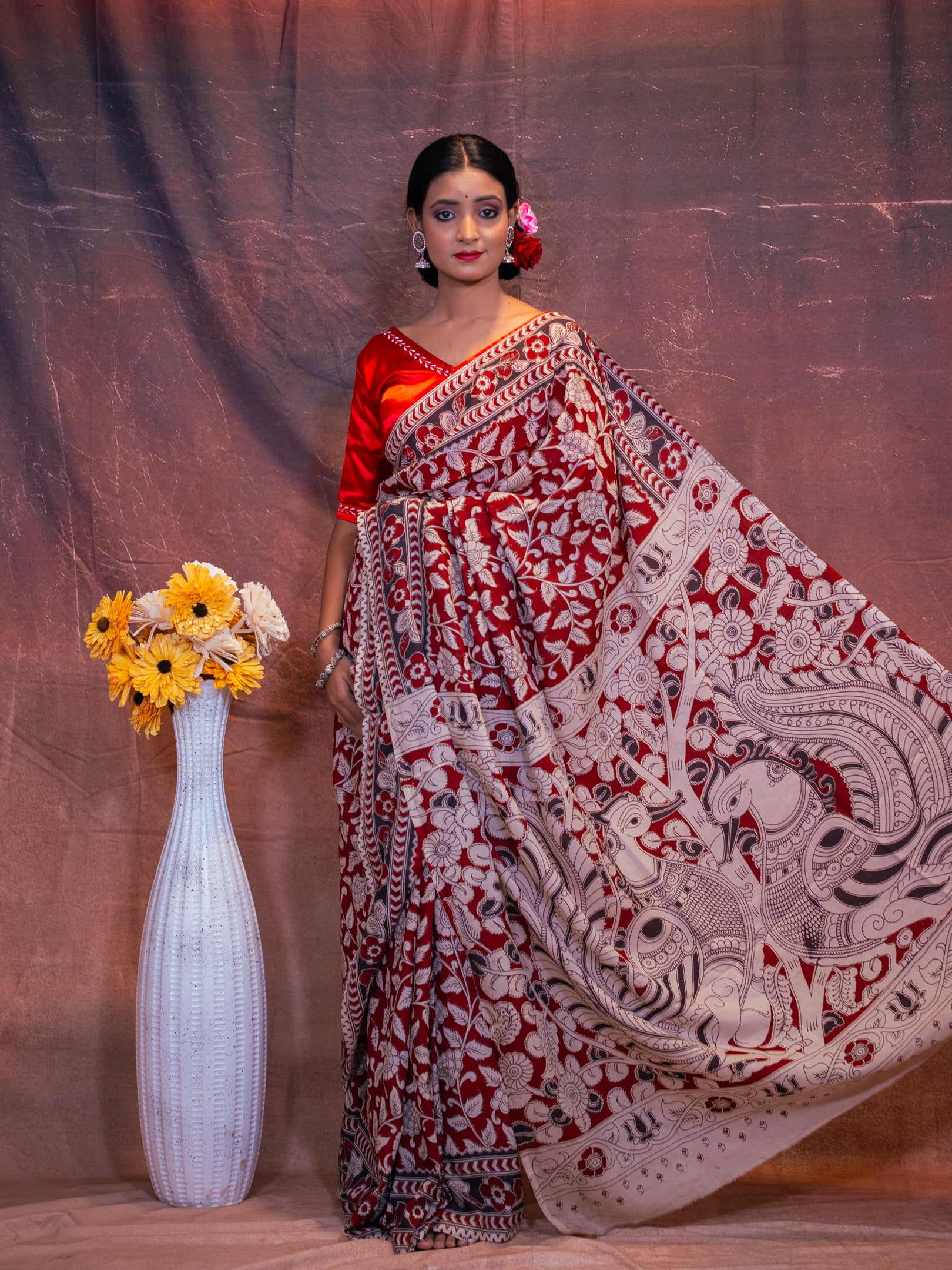 Red kalamkari silk saree