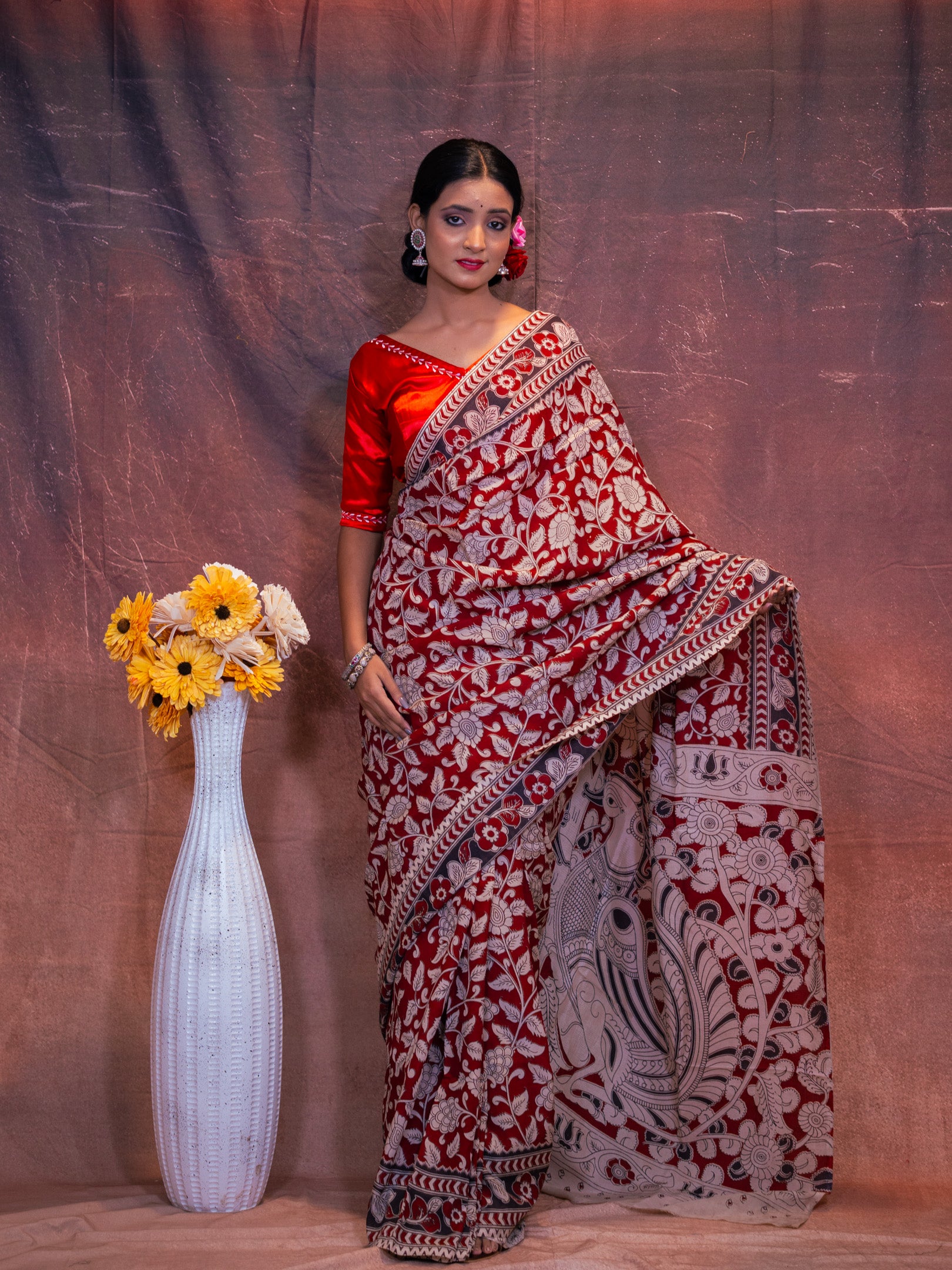 Red kalamkari silk saree