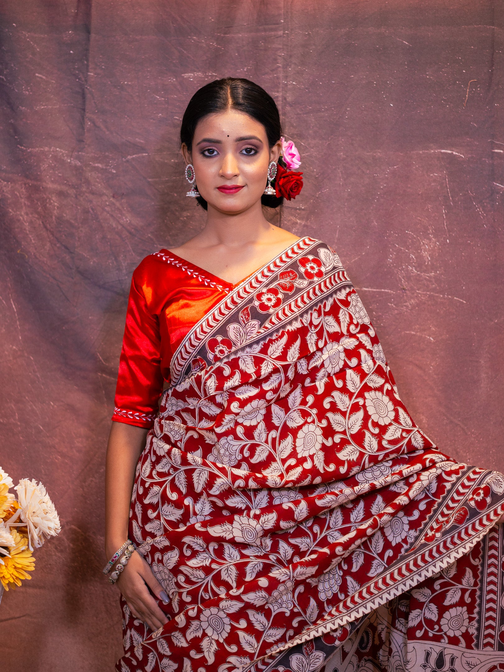 Red kalamkari silk saree