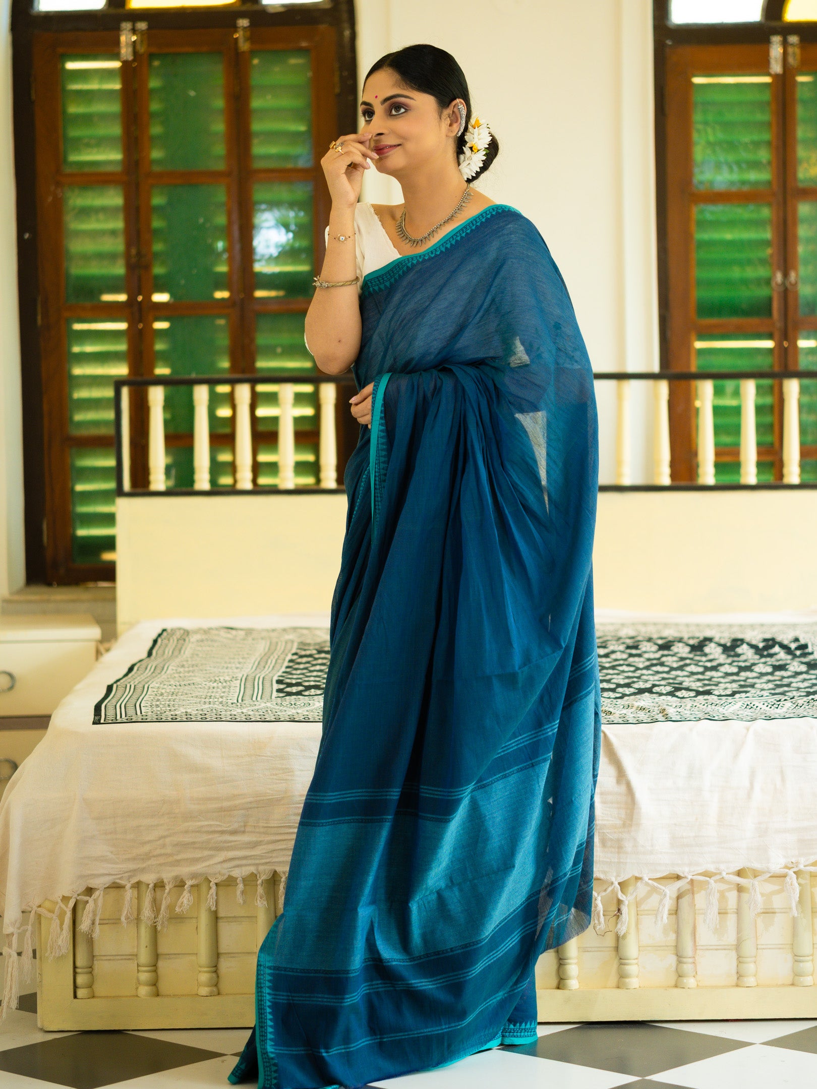 Peacock Teal Bengal Cotton Saree