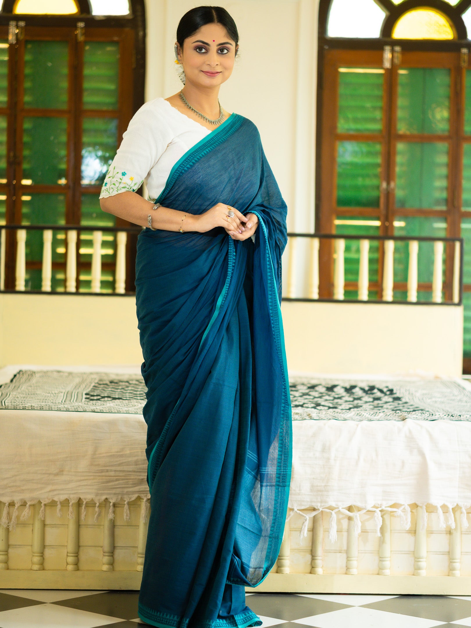 Peacock Teal Bengal Cotton Saree