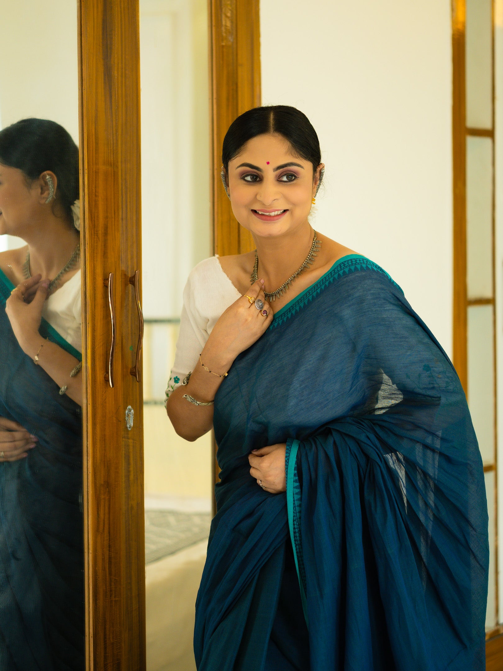 Peacock Teal Bengal Cotton Saree