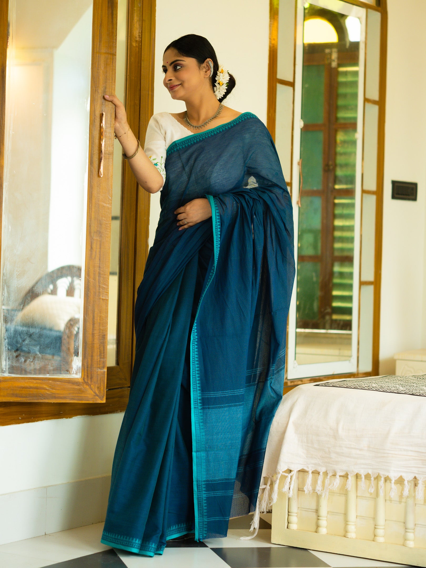 Peacock Teal Bengal Cotton Saree