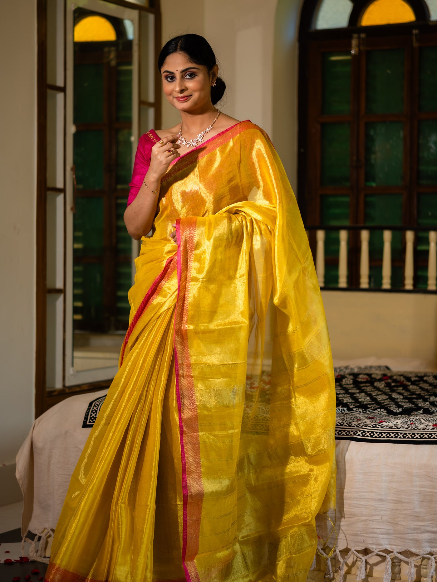 MariGold Yellow with Rani Pink Border - Uttariya