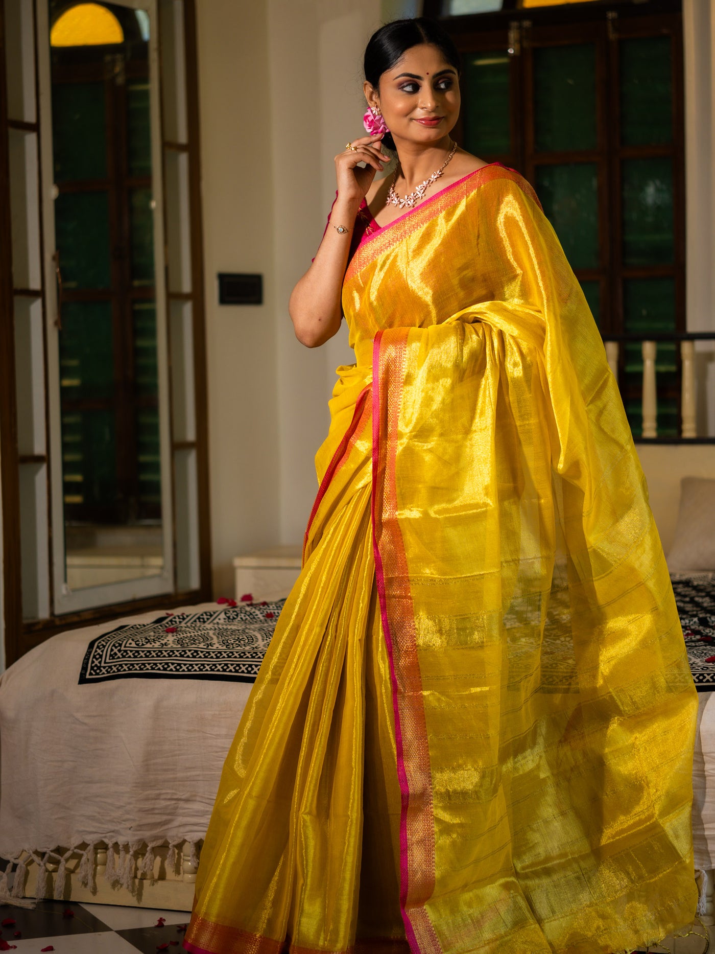 MariGold Yellow with Rani Pink Border - Uttariya