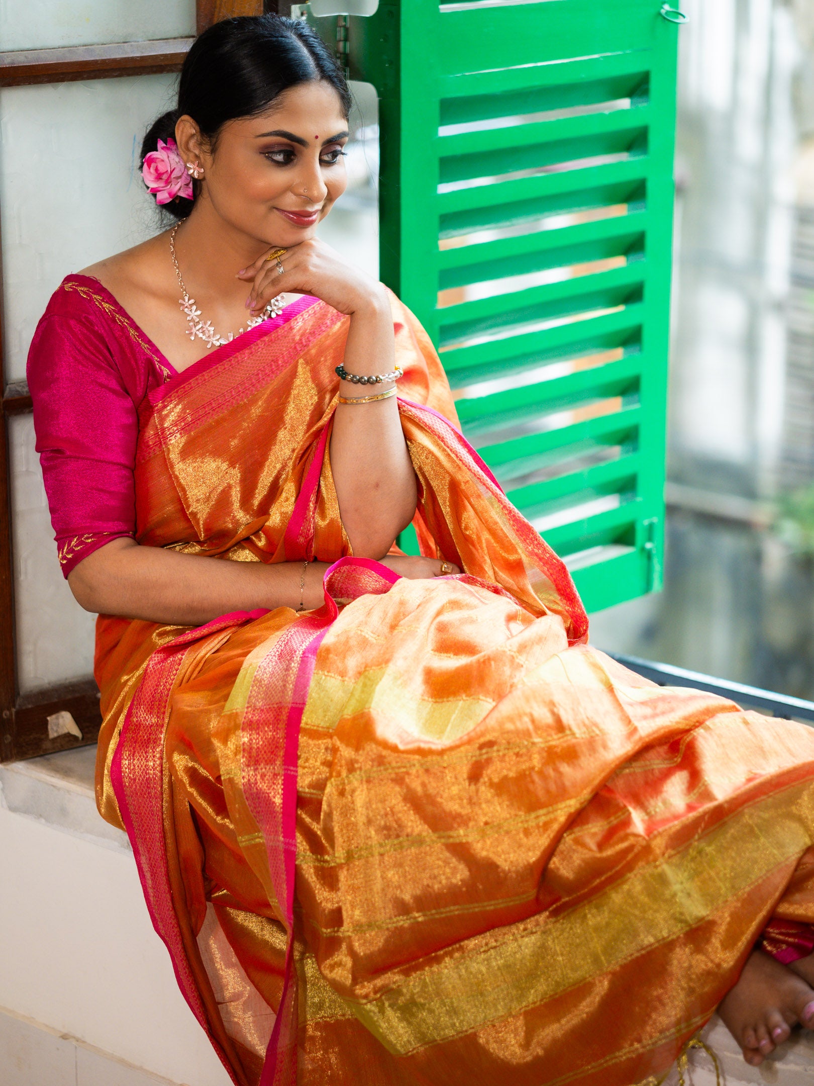 Rustgold tissue silk Saree with Rani Pink Border