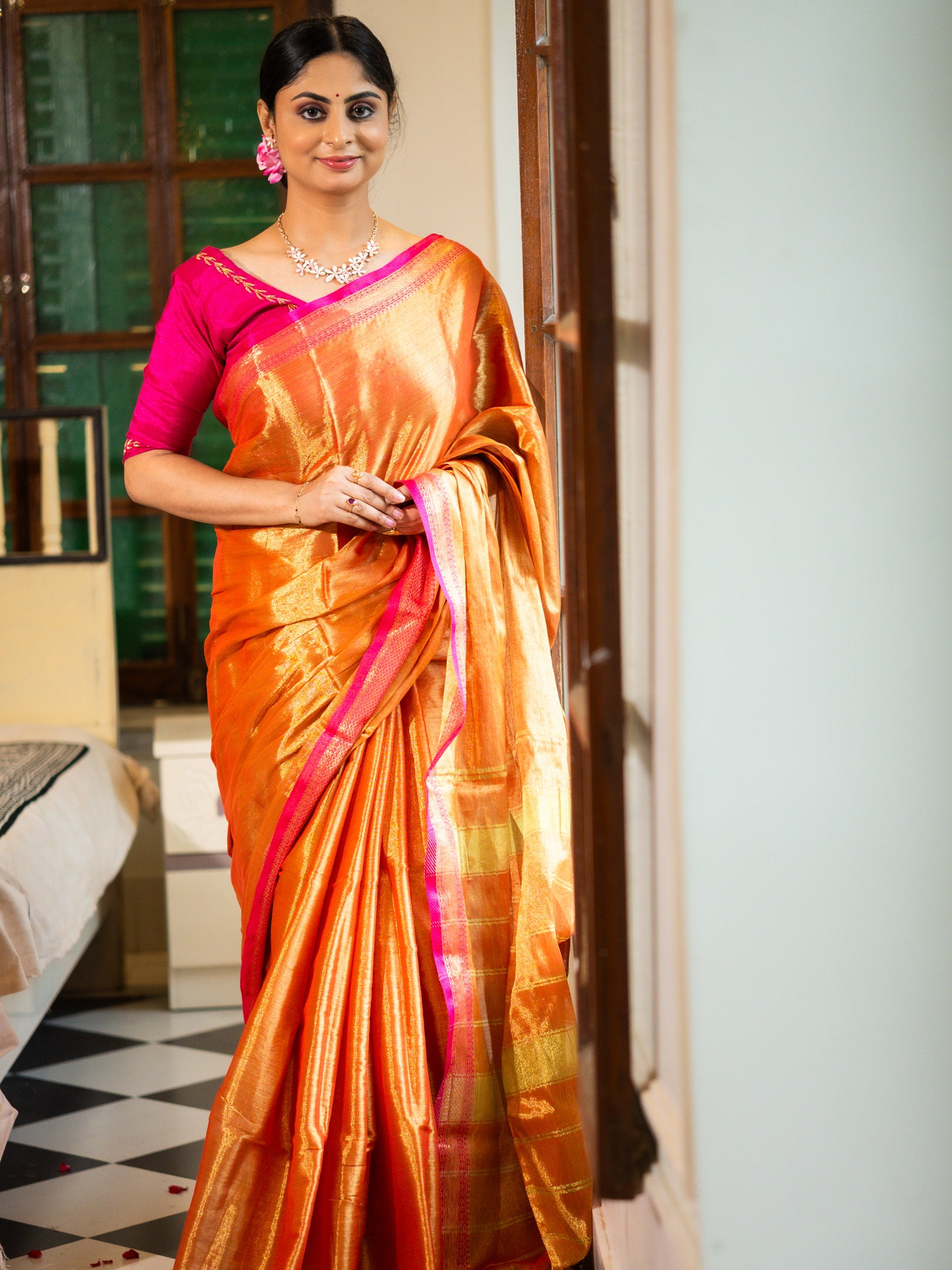Rustgold tissue silk Saree with Rani Pink Border