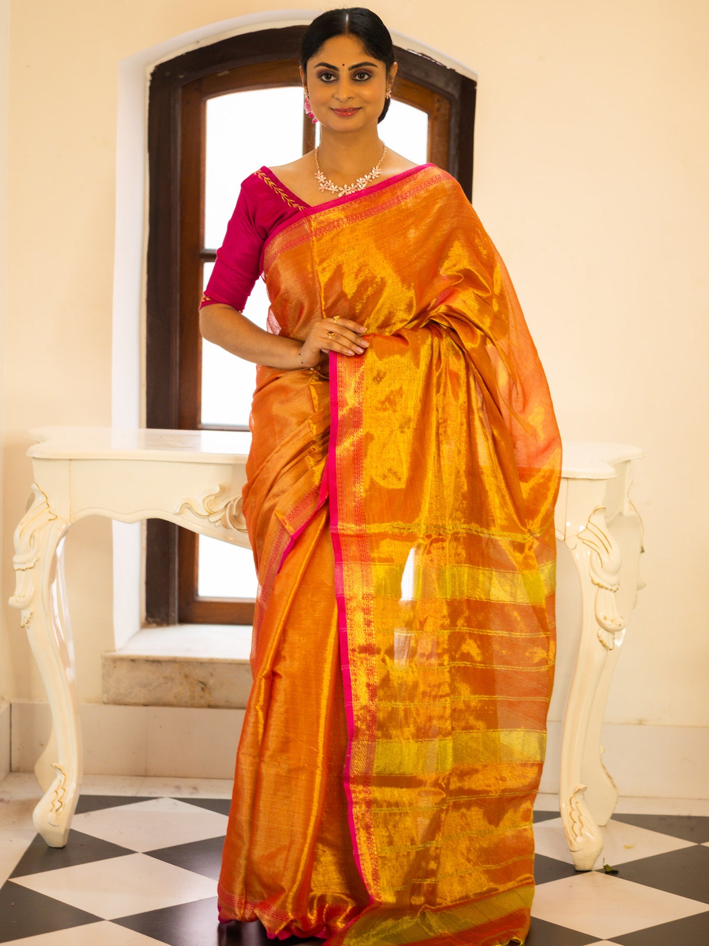 Rustgold tissue silk Saree with Rani Pink Border - Uttariya