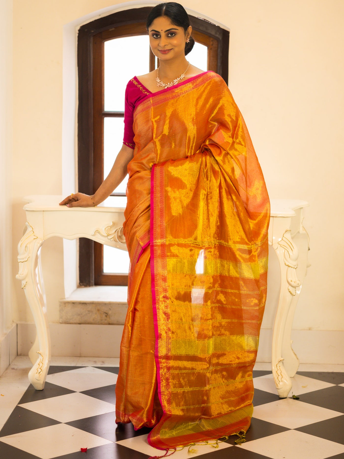 Rustgold tissue silk Saree with Rani Pink Border - Uttariya