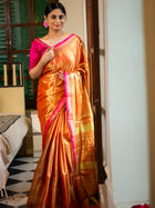 Rustgold tissue silk Saree with Rani Pink Border - Uttariya