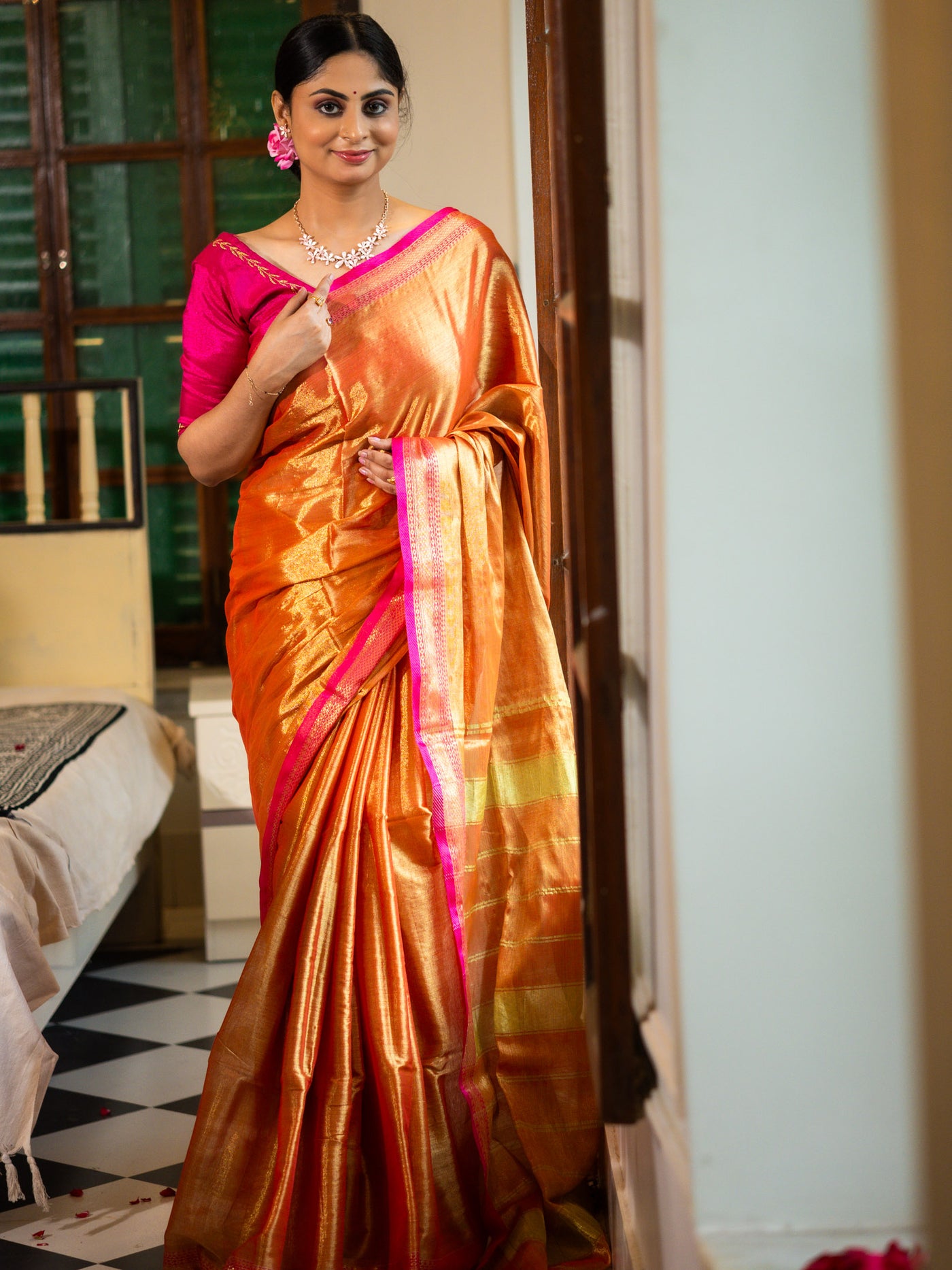 Rustgold tissue silk Saree with Rani Pink Border - Uttariya