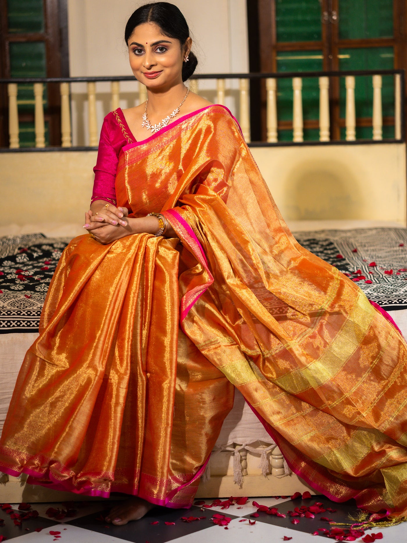 Rustgold tissue silk Saree with Rani Pink Border - Uttariya
