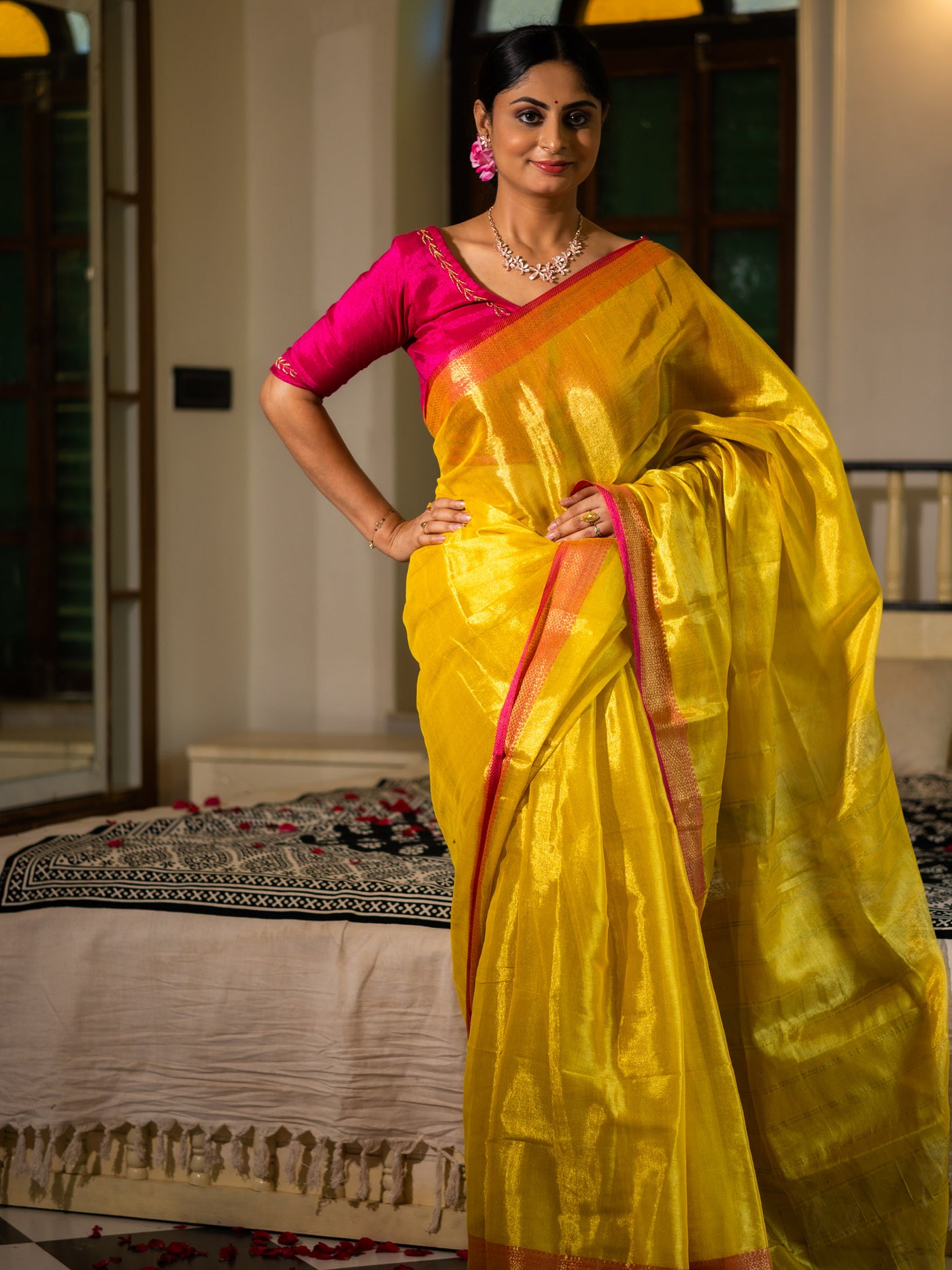 MariGold Yellow with Rani Pink Border - Uttariya