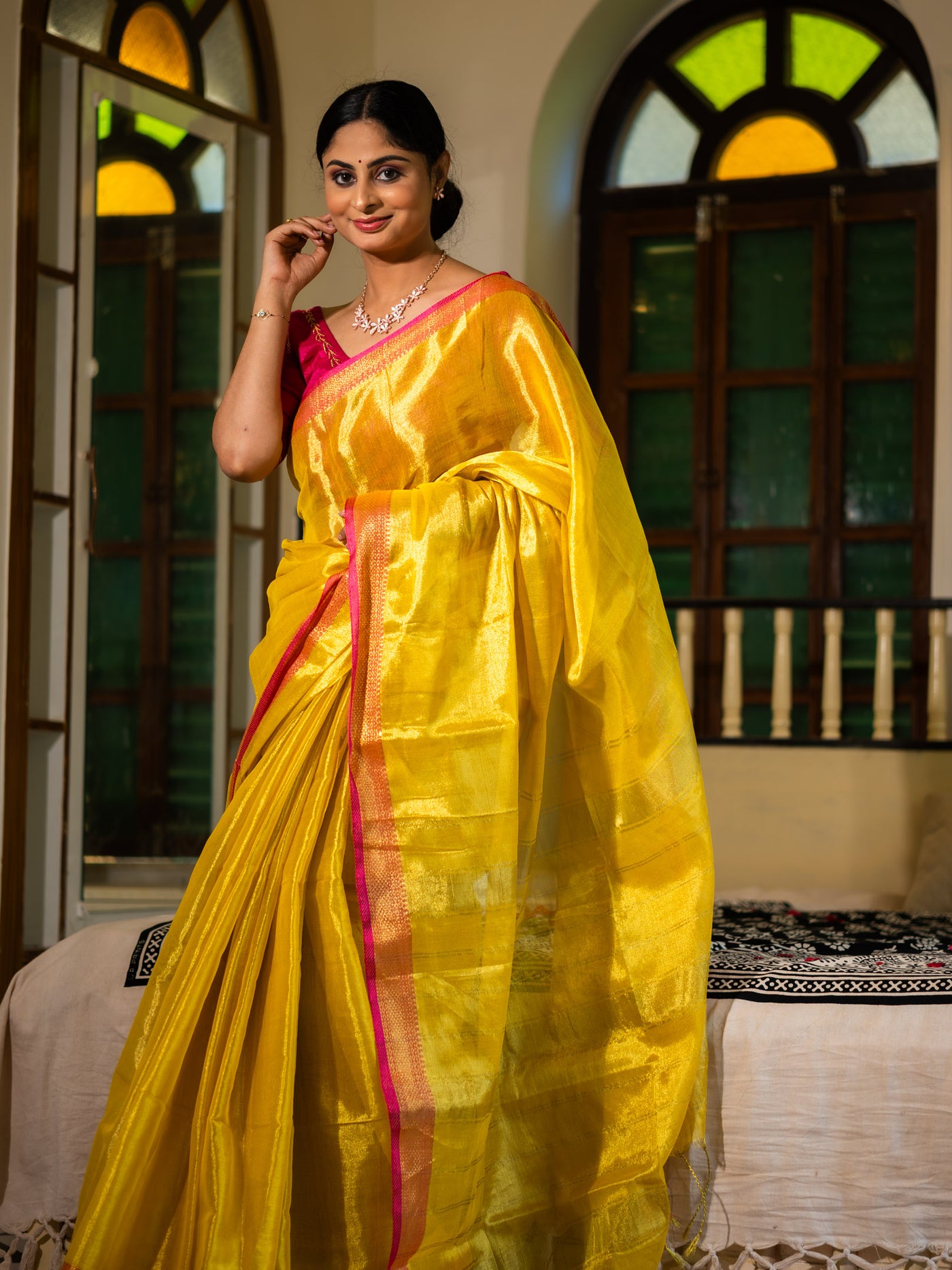 MariGold Yellow with Rani Pink Border - Uttariya