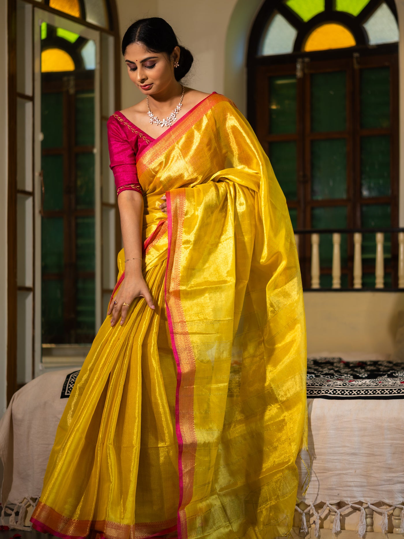 MariGold Yellow with Rani Pink Border - Uttariya