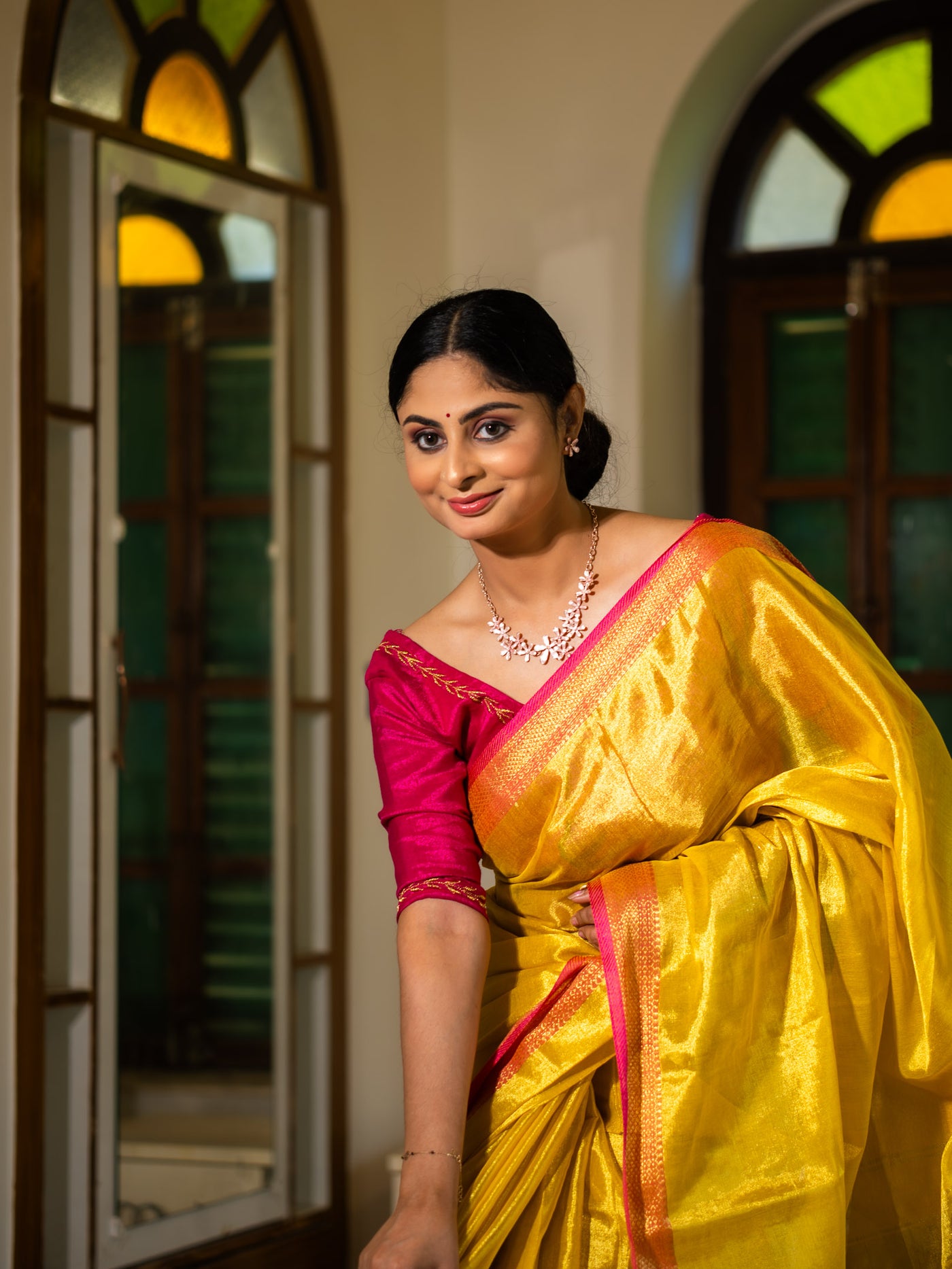 MariGold Yellow with Rani Pink Border - Uttariya