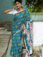 Aqua Elephant Motifs Kalamkari Cotton Saree - Uttariya